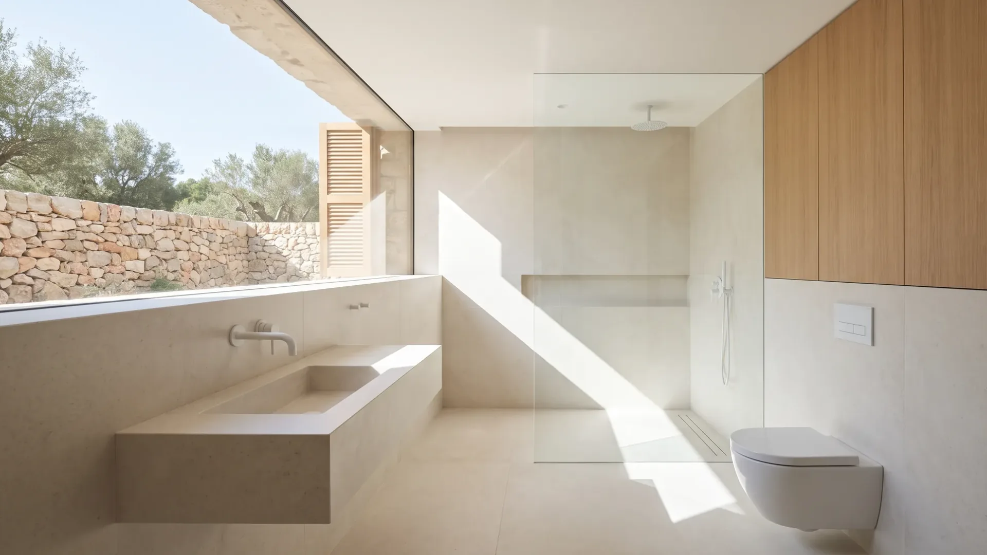 A pale stone bathroom has a sculpted trough basin, a glass shower recess with a niche shelf, and a wall hung toilet.