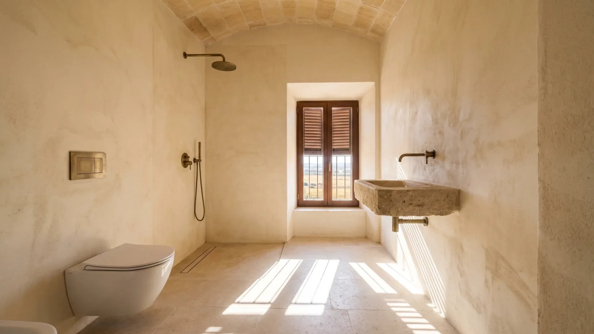 A wall-mounted shower head and a rough stone sink slab flank a shuttered window with farmland views, under a vaulted ceiling.