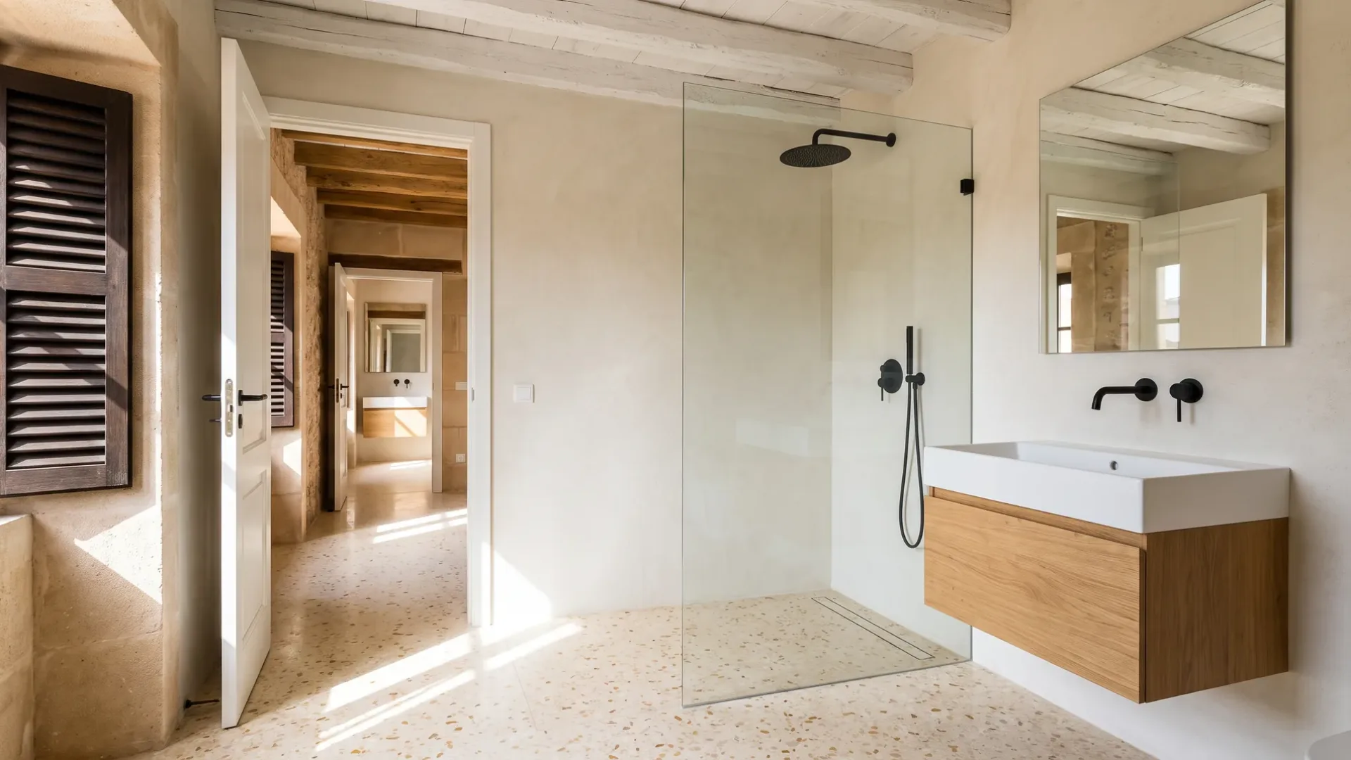A walk-in shower with black fittings and a terrazzo floor, a wooden vanity, and an open door onto a hallway of further rooms.