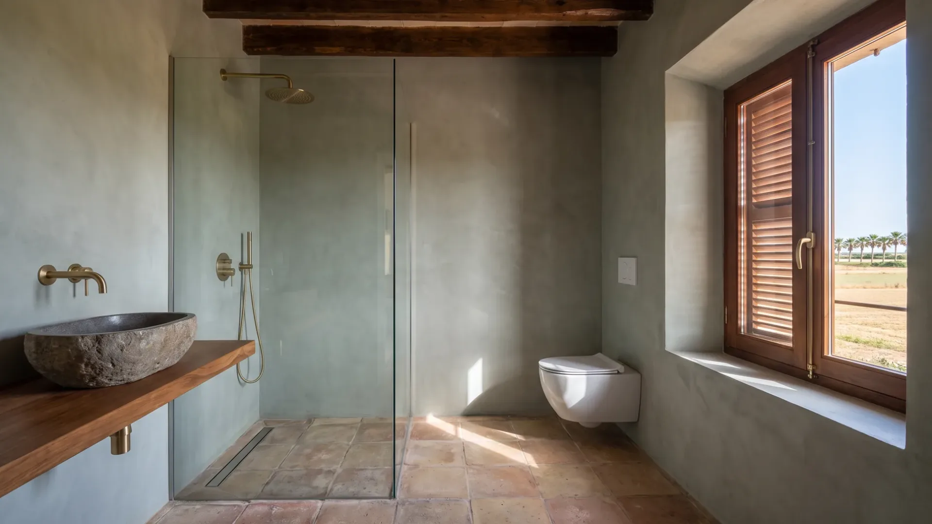 Un baño en tonos de yeso terrosos combina un lavabo de piedra sobre un banco de madera con una ducha de cristal y baldosas de terracota.
