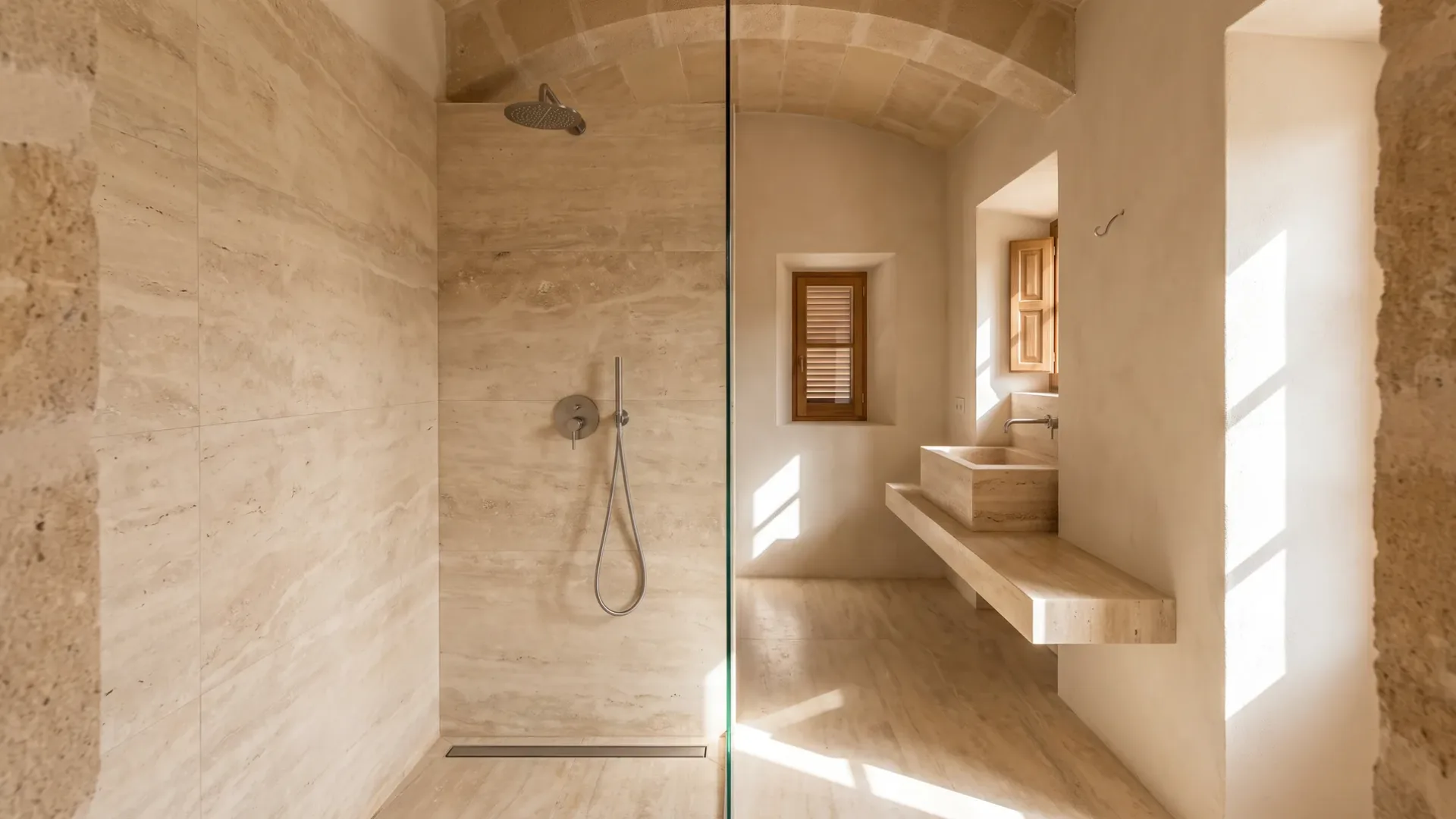 A travertine tiled shower with a glass screen opens onto a floating stone vanity slab, under a vaulted stone ceiling.