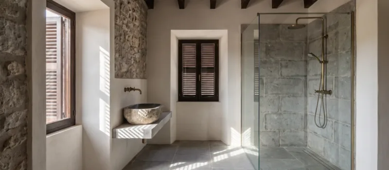 A glass shower with stone-clad walls sits beside a shuttered window, with a stone basin on the opposite wall.