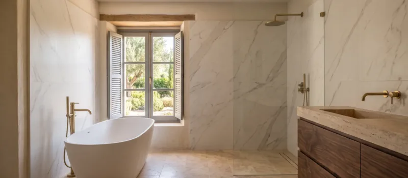 A freestanding oval tub sits before a shuttered window, beside a glass shower and a stone vessel basin on travertine tiles.