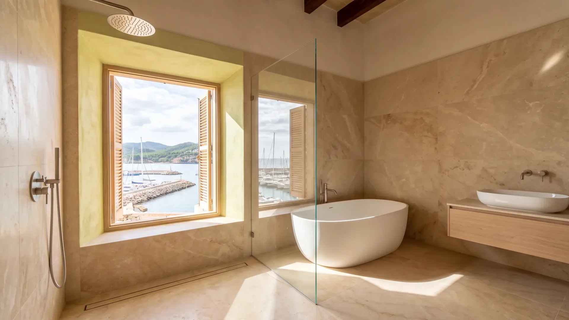 Travertinwände umgeben eine Glasdusche und eine freistehende ovale Badewanne, vor einem Fenster mit Blick auf einen Jachthafen voller Boote.