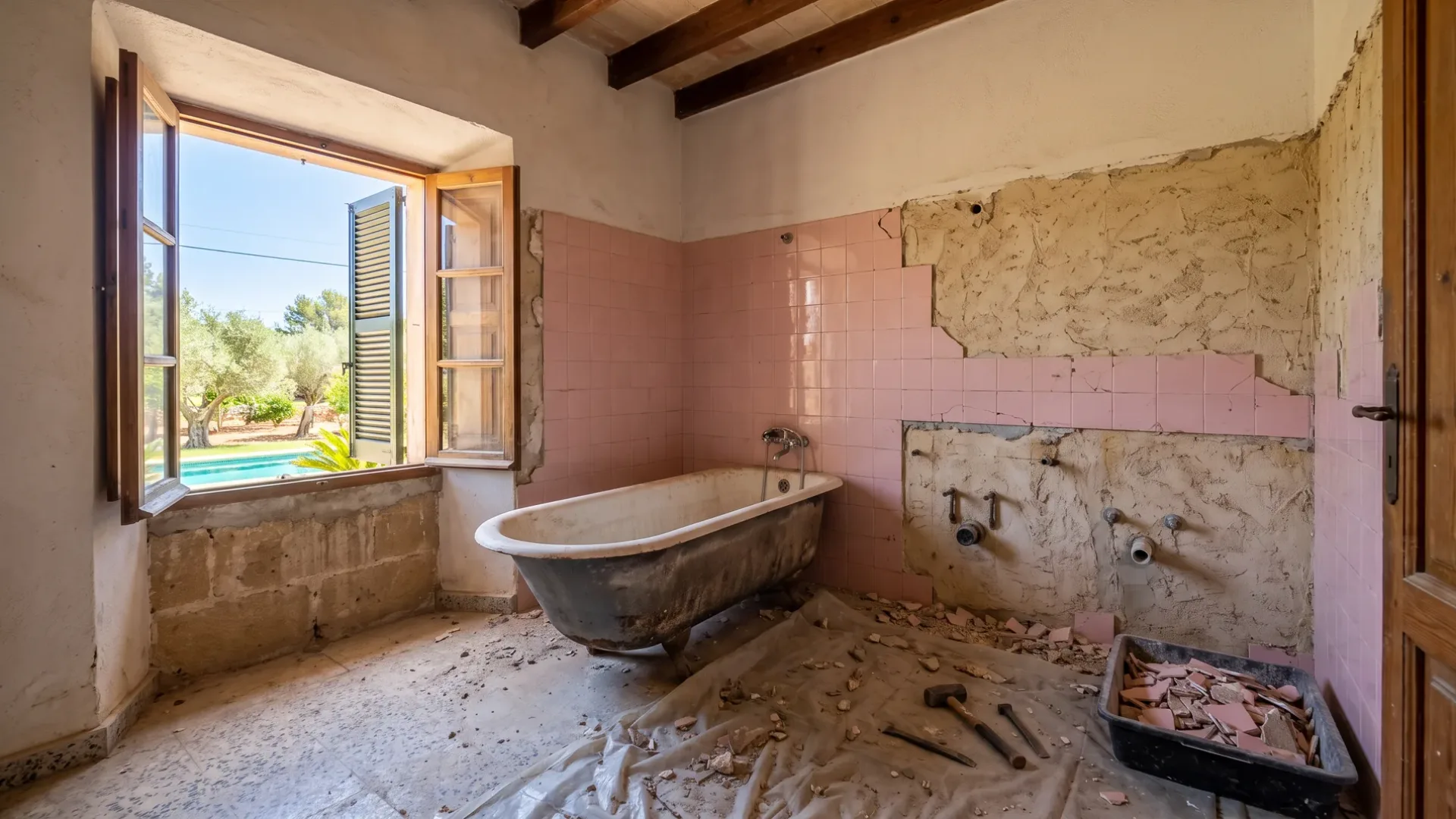 A gutted bathroom mid renovation with a rusted cast iron tub, cracked pink tiles, exposed pipes and rubble on the floor.