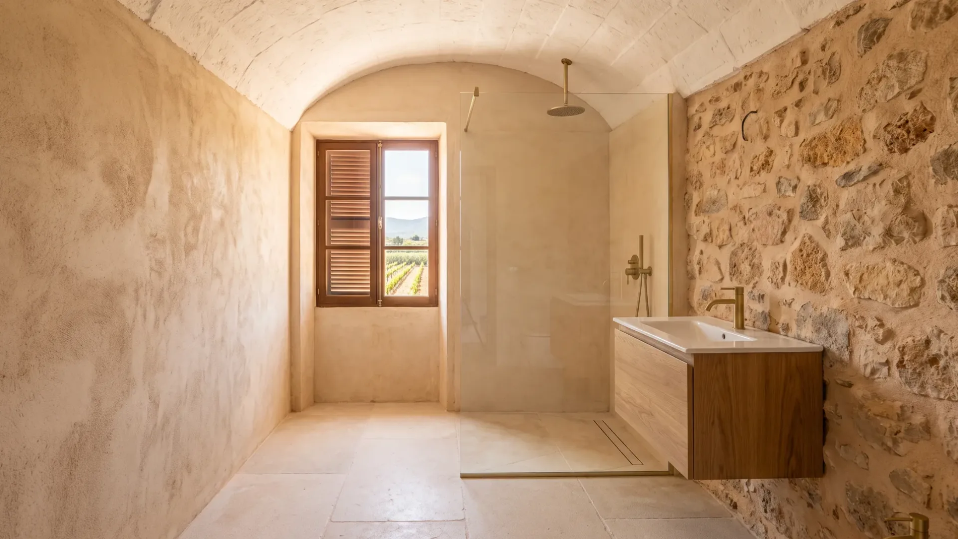 Un baño de piedra abovedado tiene una ducha de cristal con alcachofa de lluvia, un mueble de madera y una pequeña ventana sobre hileras de viñedo.