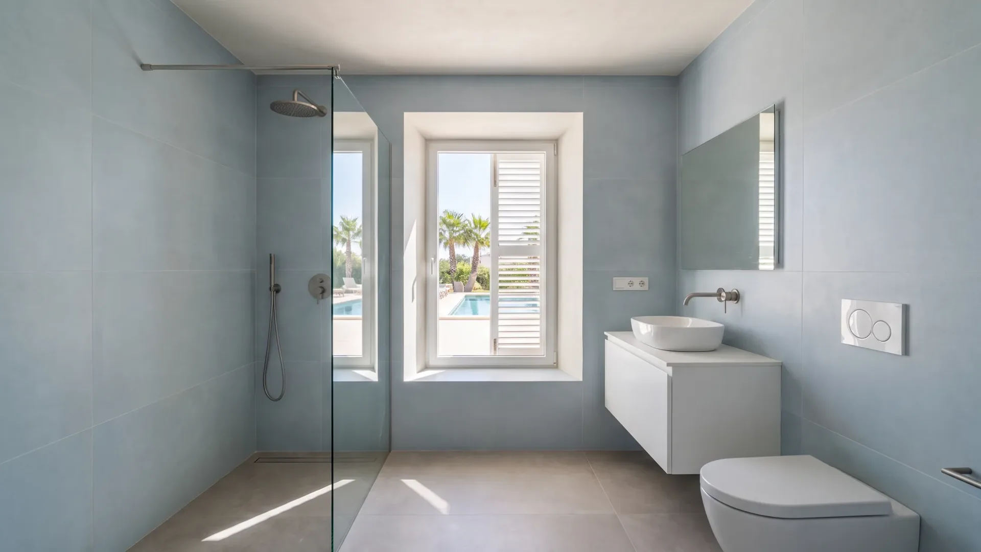 Hellblaue Fliesen verkleiden eine Walk-in-Dusche und einen weißen Waschtisch mit rundem Waschbecken, neben einem Fenster über einem Pool mit Palmen.