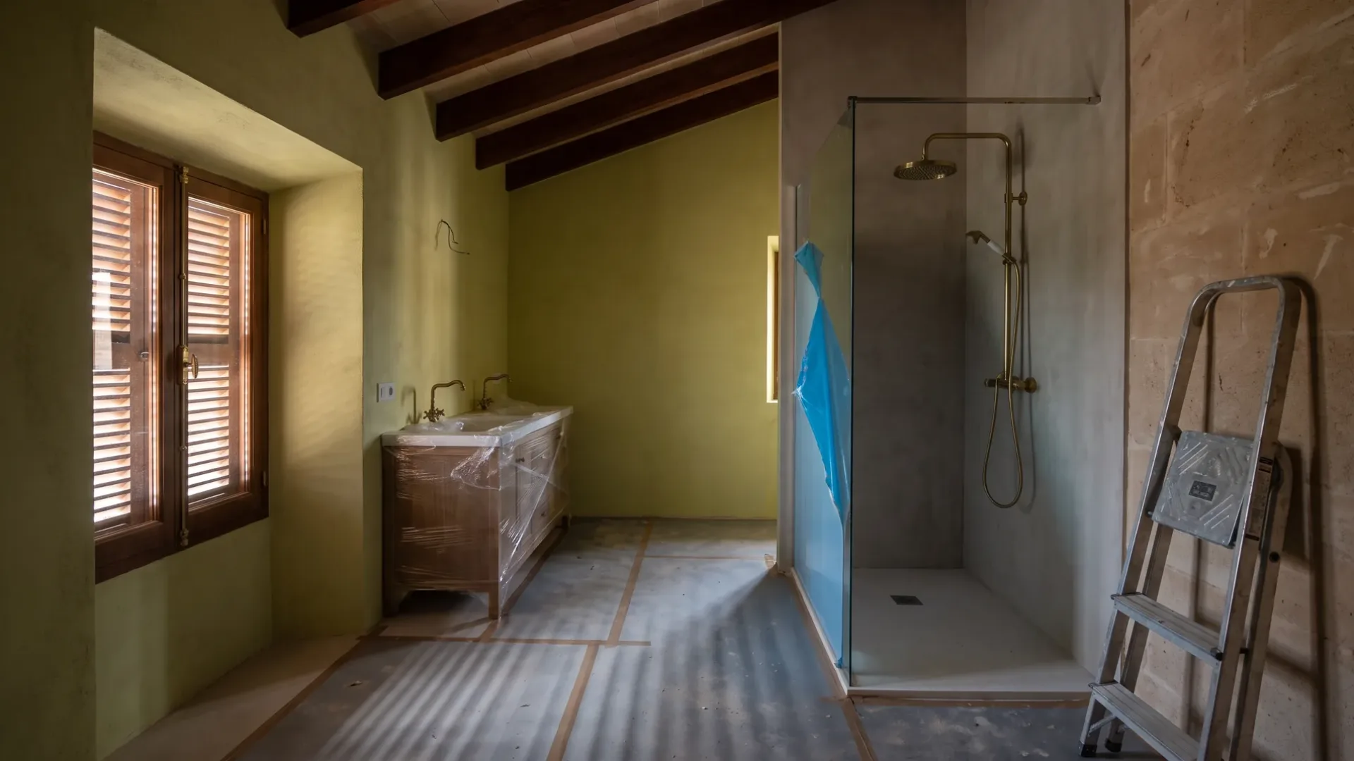 A bathroom mid renovation with olive green walls, a wrapped wood vanity, brass shower fittings and a ladder on bare concrete.