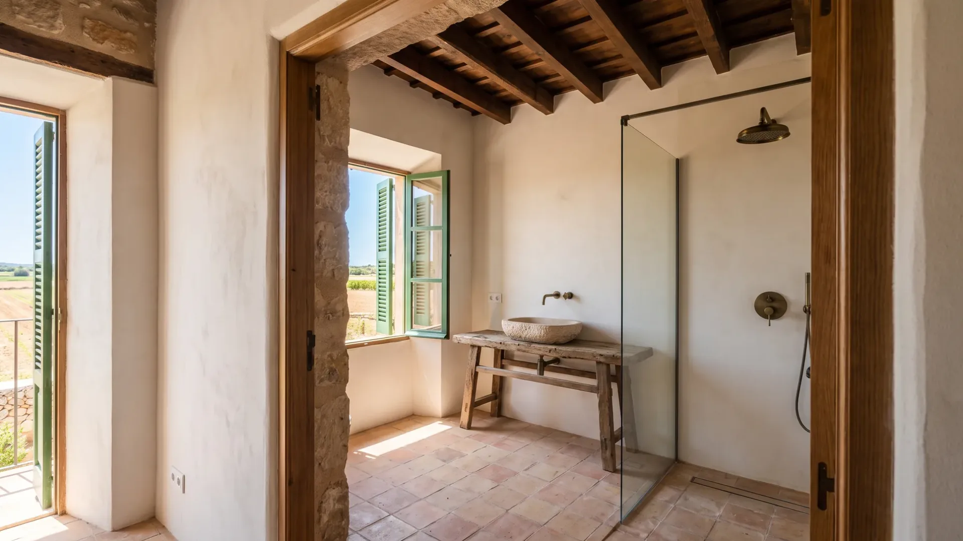 A wooden vanity holds a stone basin beside a glass shower panel in a bathroom with terracotta tiles and green shutters.