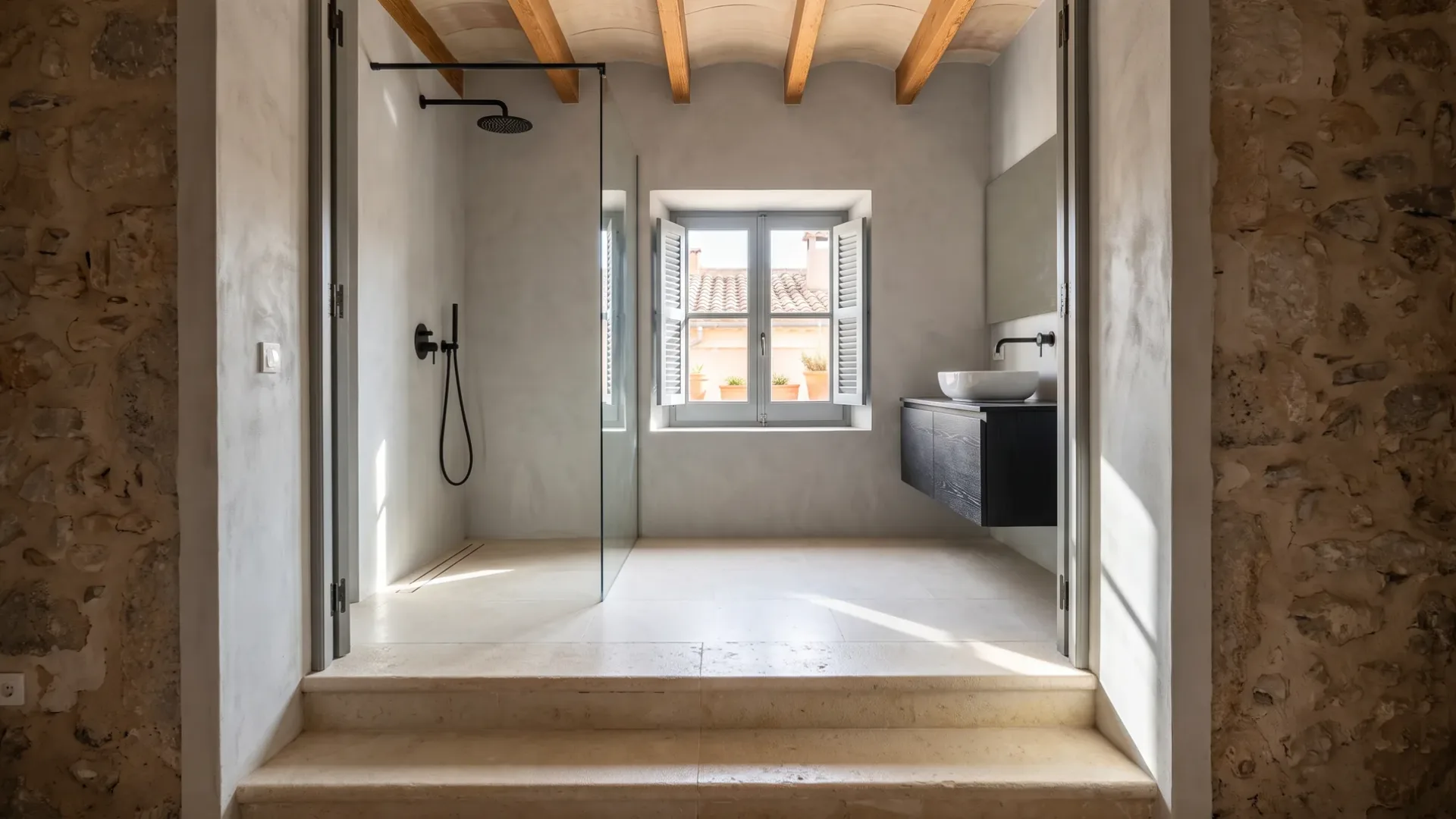 A walk-in shower with black fittings and a curved beamed ceiling faces a shuttered window over terracotta rooftops.