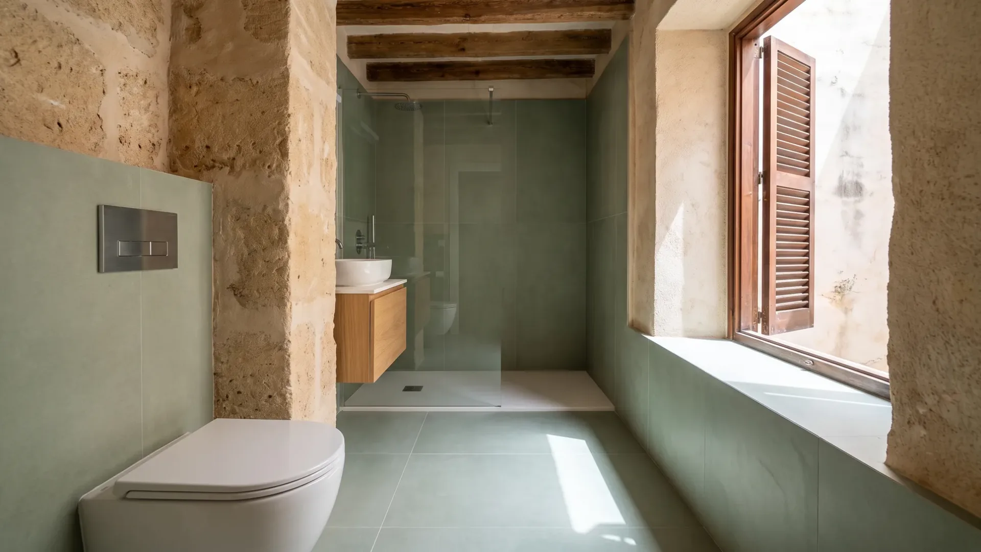A narrow bathroom with sage green tiles, a stone archway, a wall-hung toilet and a walk-in shower under wood beams.