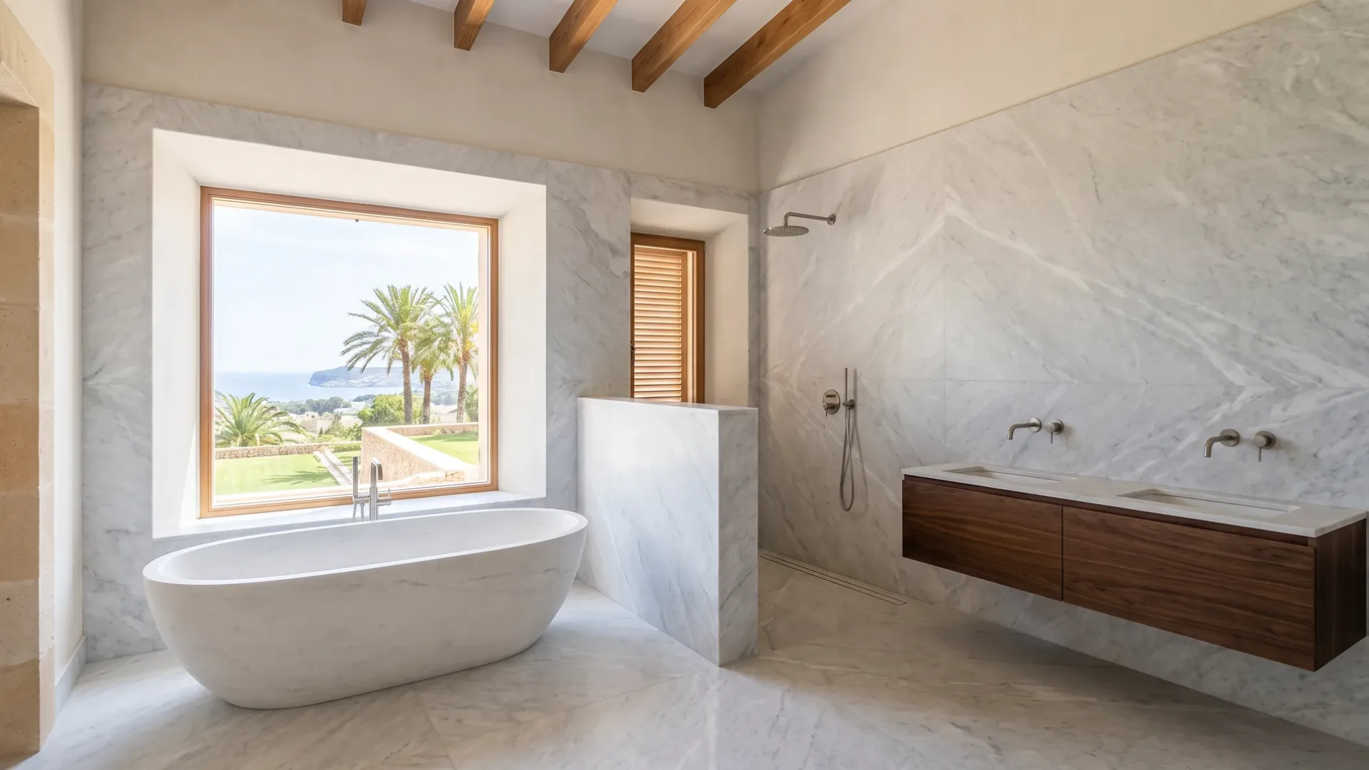 Baño de mármol con bañera exenta ovalada ante una ventana con vistas al mar, junto a una ducha de mármol y un mueble de doble lavabo de madera oscura.