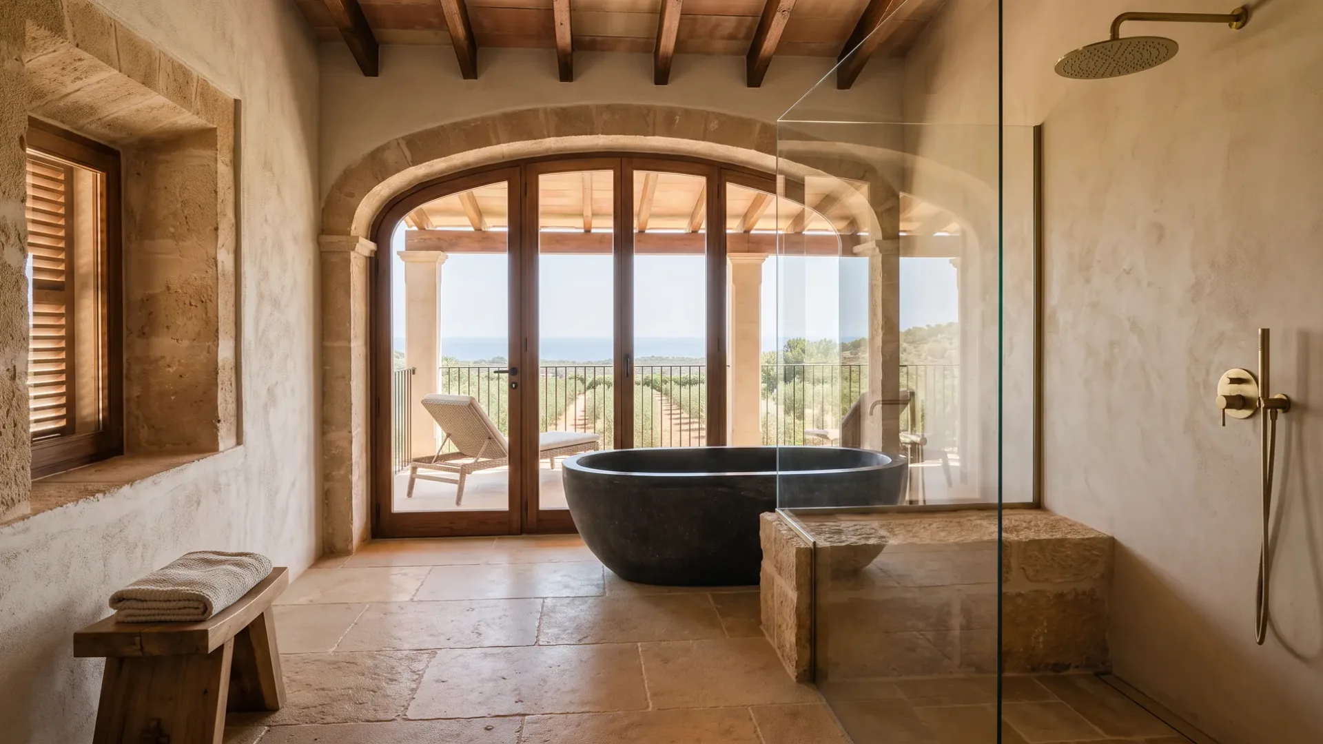 A dark stone soaking tub faces arched glazed doors open to olive groves and a sea view, beside a glass shower.