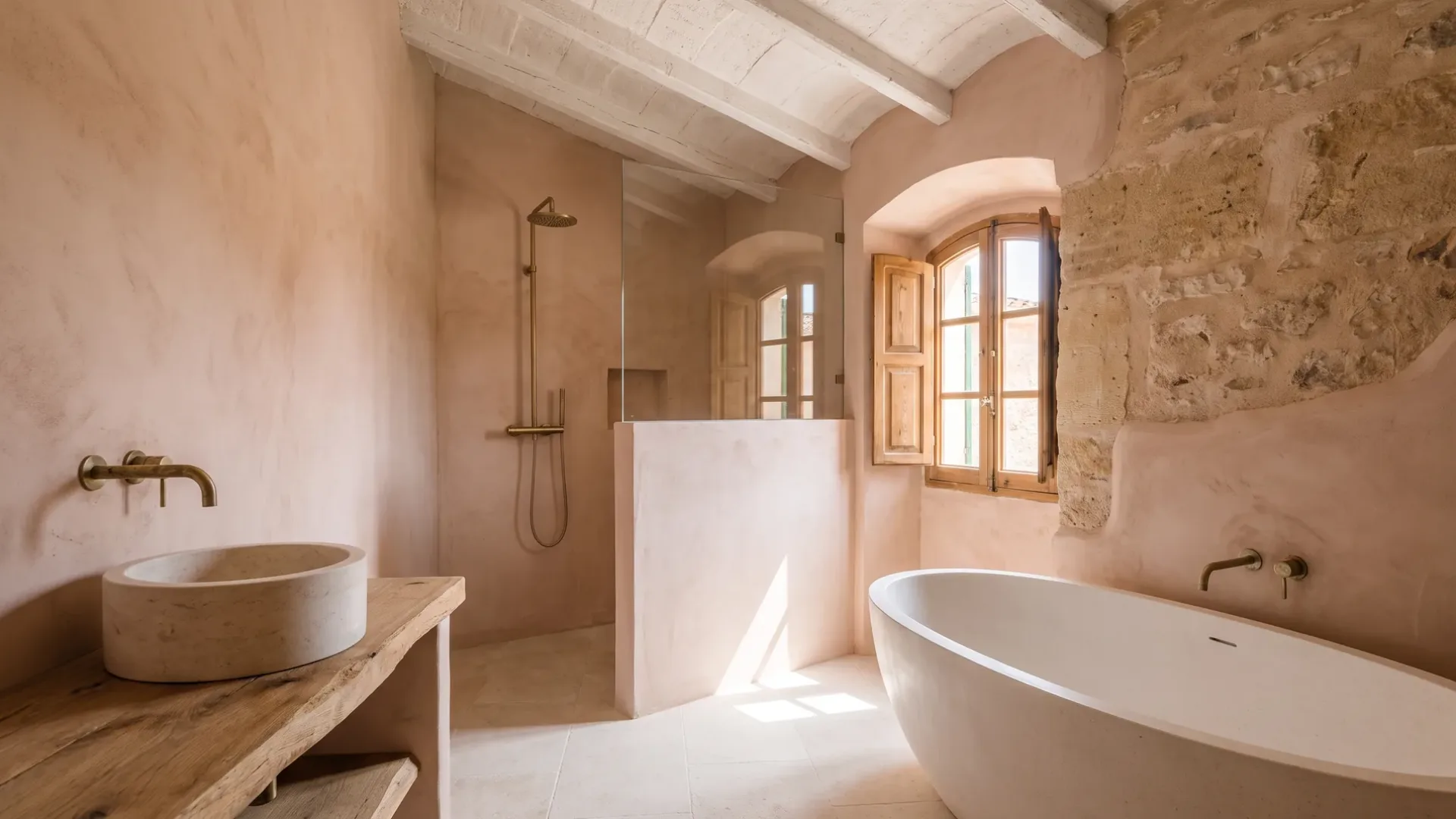 A blush bathroom pairs a stone basin and glass shower with a freestanding tub beneath a timber-shuttered window.
