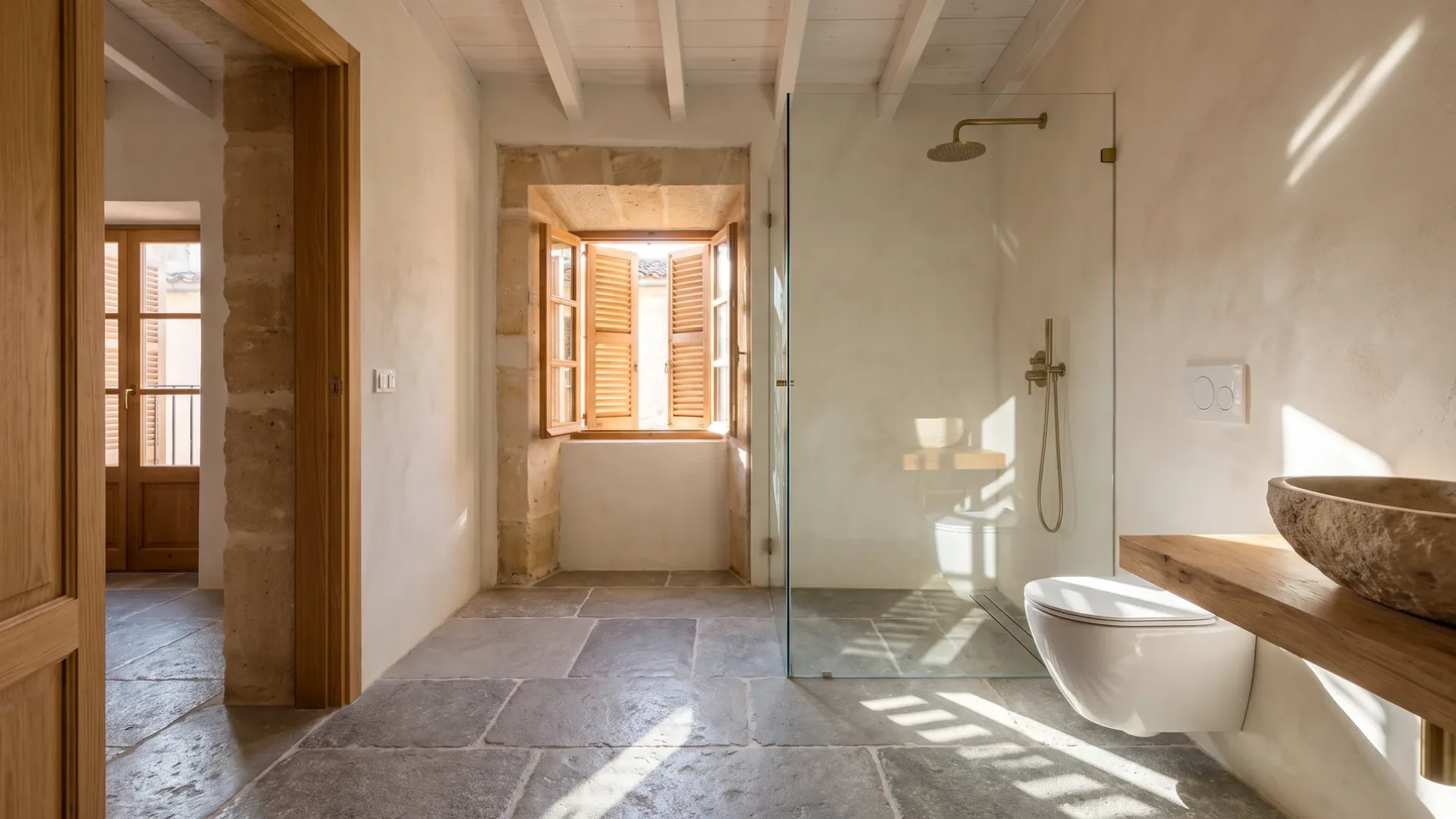 A wet room with a stone floor and a glass panel, a wall-hung toilet and a stone basin on a timber shelf by a small window.