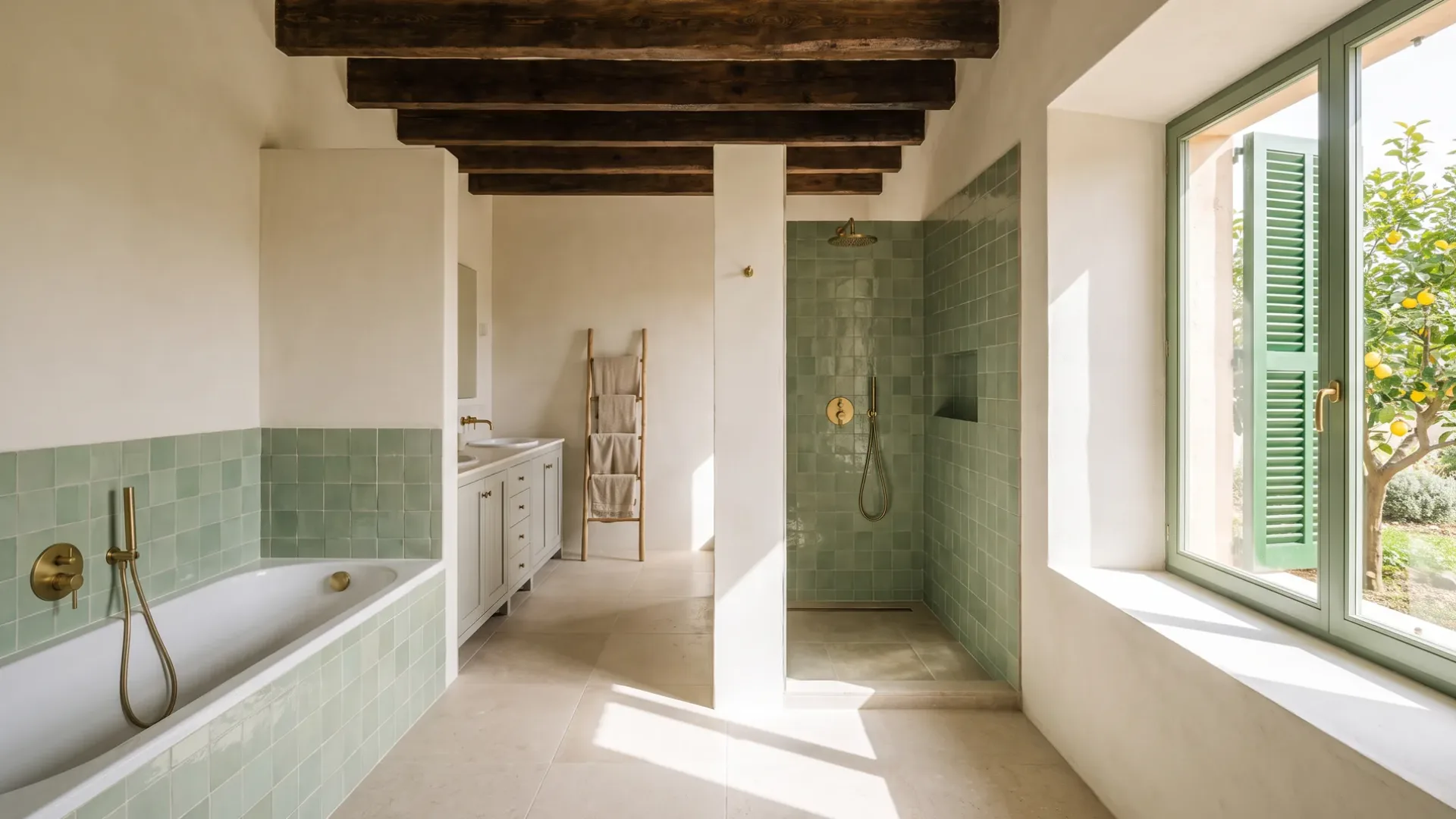 A green tiled shower and a matching tiled tub sit either side of a white vanity with twin basins, under dark timber beams.