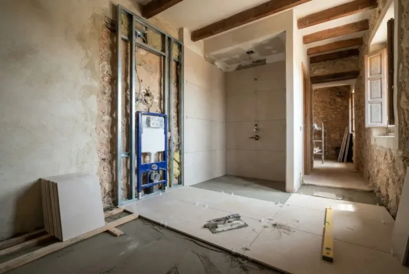 A bathroom under construction shows a blue cistern frame, half tiled shower walls, and floor tiles being laid with a trowel.