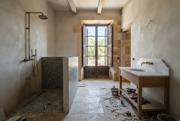 A bathroom mid fit has exposed brass shower pipework, a patterned tiled half wall and a vanity being assembled amid tools.
