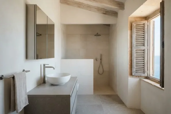 A bathroom with a half-wall shower recess, sea visible through a shuttered window and a basin on a stone-topped vanity.