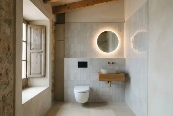 A bathroom lined in pale grey tiles has a round backlit mirror, a stone basin on a timber shelf, and a wall-hung WC.