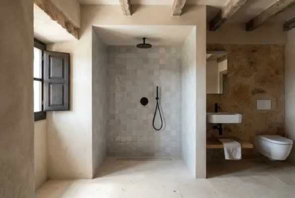 Eine Walk-in-Duschnische mit grauen Zellige-Fliesen und schwarzen Armaturen steht unter Holzbalken neben einem WC und einem Waschbecken.