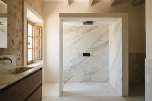 A shower enclosure is clad floor to ceiling in book matched marble, beside a marble topped vanity and a wood window.
