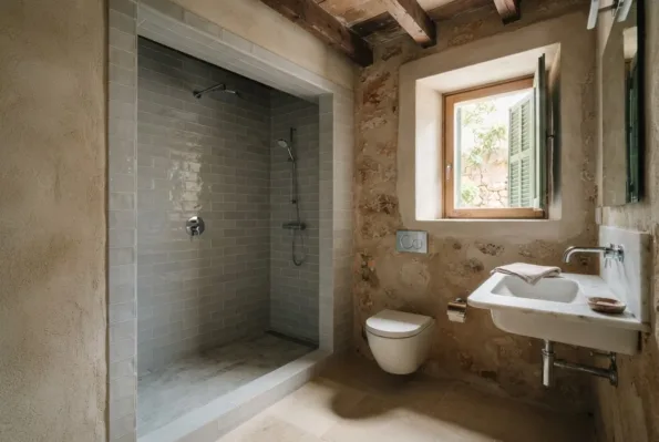 A bathroom with a grey tiled shower niche, a wall-hung WC, stone walls and a marble basin shelf below a shuttered window.