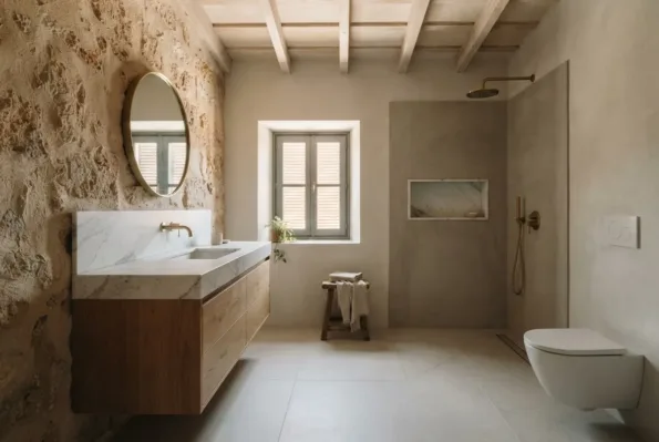 A bathroom with a book-matched marble vanity counter, a wood cabinet, a round mirror and a glass-screened shower alcove.