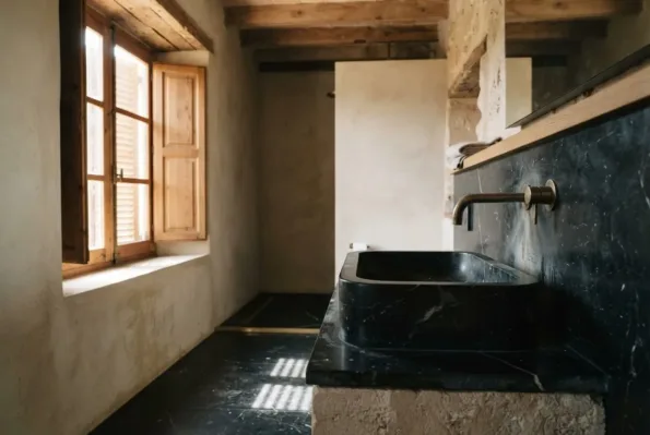 A bathroom has a carved black marble basin on a marble counter, a brass wall tap, and matching black marble floor tiles.