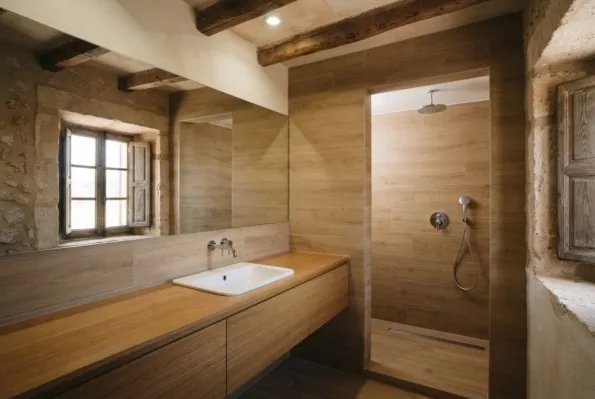 Ein mit holzoptischen Fliesen verkleidetes Bad hat einen Holzwaschtisch mit weißem Waschbecken, eine Spiegelwand und eine Walk-in-Duschnische.