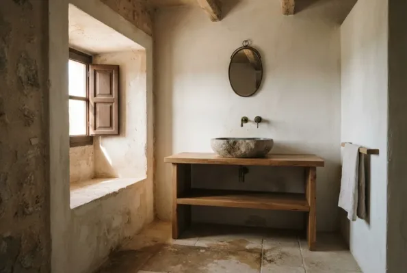 A bathroom with an oval mirror, a stone basin on an open wood vanity, and a shuttered window in the rubble wall.