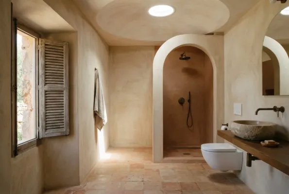 A domed plastered ceiling with a round skylight tops an arched niche shower, beside a toilet and a stone basin.