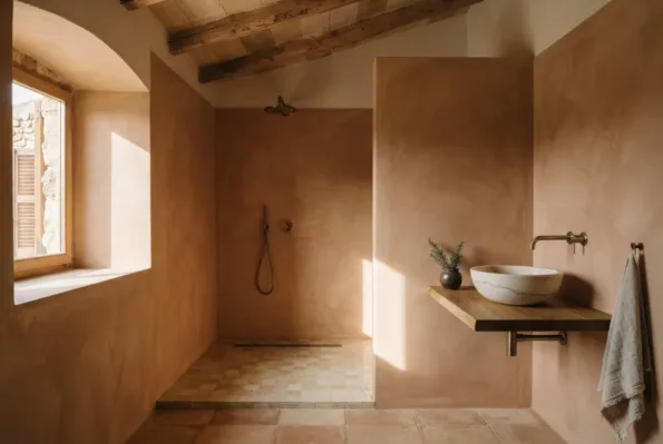 A bathroom finished in warm terracotta plaster, with a doorless shower, checkerboard floor tiles and a stone bowl basin.