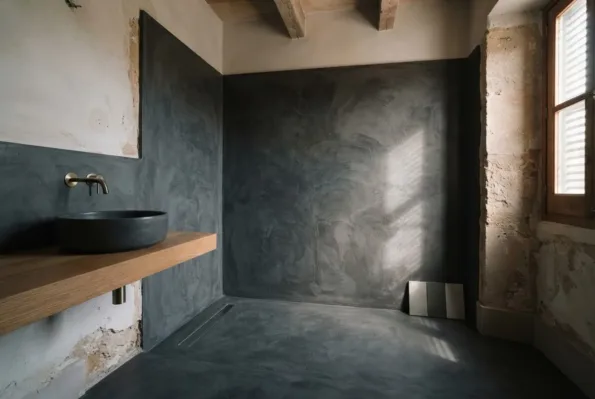 A bathroom has seamless dark grey microcement walls and floor, a drain channel, and a black basin on an oak shelf.