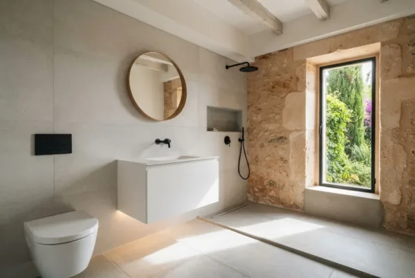 A bathroom lined in large format porcelain tiles has a floating white vanity, black fixtures, and a walk-in shower.