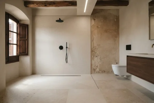 A wet room with a black rainfall shower head on a plastered wall, a linear floor drain, and a wall hung WC.