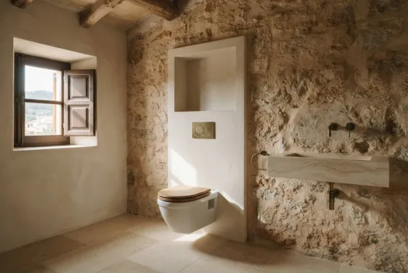 A bathroom with a wall hung WC in a plastered pier, a stone trough basin on the rubble wall, and a shuttered window.