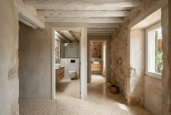 A stone hallway with terrazzo floor opens onto two bathrooms, each with a round basin and a wood vanity.