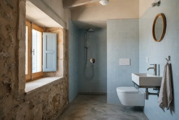 Un baño alicatado con zellige azul pálido tiene una ducha a ras de suelo, un lavabo rectangular, un inodoro y un espejo redondo con marco de madera.