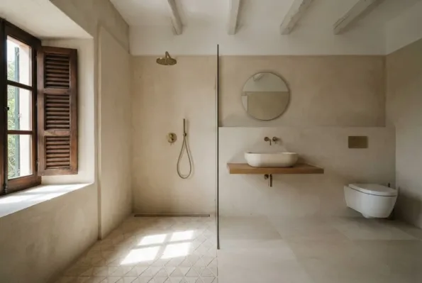 A limestone clad walk-in shower with a brass rain head sits beside a stone vessel basin and a wall-hung toilet.