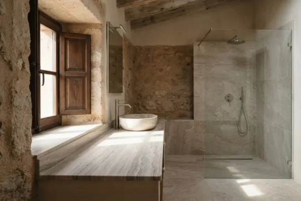 A bathroom with a travertine-topped vanity, a round stone basin, and a glass-screened shower lined in the same veined stone.