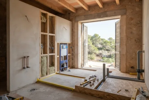 A bathroom under construction shows a cistern frame in a stud wall, exposed pipes, and a marked shower base on plywood.