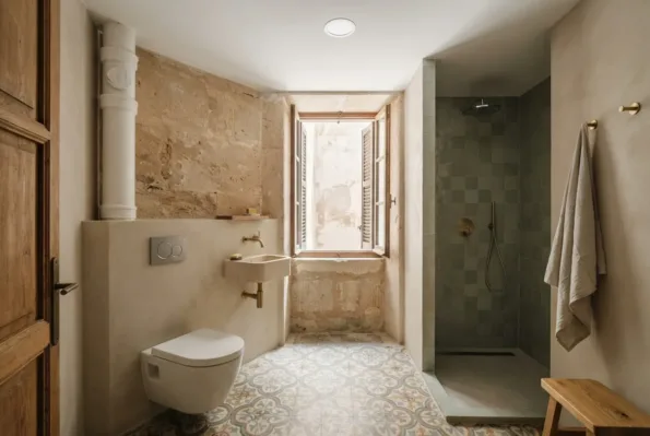 A narrow bathroom with a wall-hung WC and stone basin beside a green patterned tiled shower, lit by a tall shuttered window.
