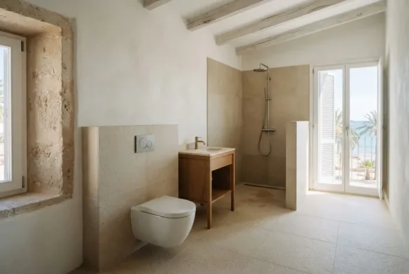 A bathroom has a wall-hung WC, a small oak vanity, an open stone shower, and glass doors opening to a sea view terrace.