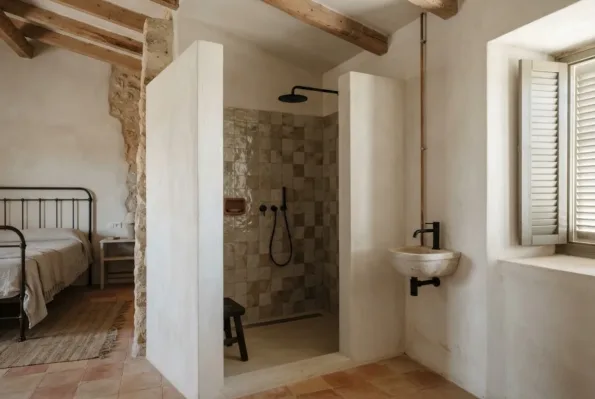 A shower alcove with patterned ochre tiles, a stone basin on a black wall bracket, opening onto a bedroom.