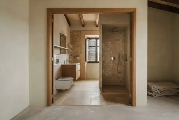 A finished bathroom seen through a doorway from a bare unfurnished room, with a tiled shower, wall-hung WC and wood vanity.