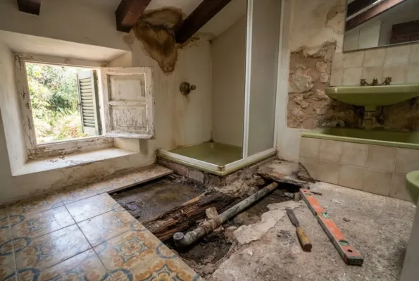 A dated bathroom has a pale green bath and basin, patterned floor tiles, and an exposed subfloor with an old pipe.