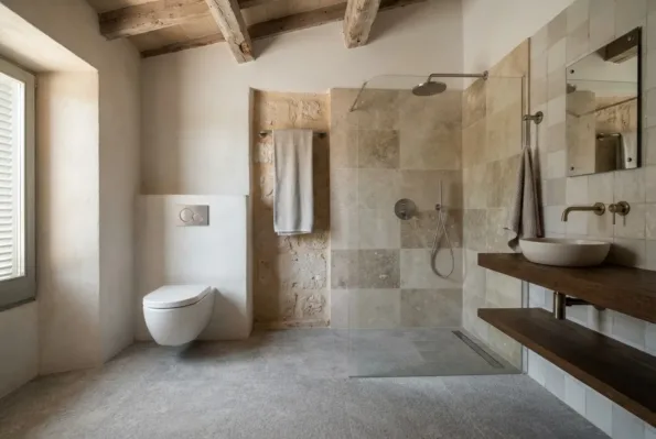 A bathroom with a wall hung WC, a glass panelled stone tiled shower, and a wood shelf vanity with a round basin.