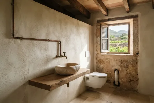 Tuberías de cobre vistas van hasta un grifo de latón sobre un lavabo de piedra, junto a un inodoro y una ventana con vistas a un viñedo.