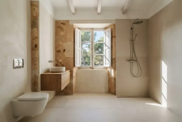 Ein Bad mit einer türlosen, mit Steinfliesen verkleideten Dusche, einem Wand-WC, einem schwebenden Holzwaschtisch und einem Fenster, das Pinien rahmt.